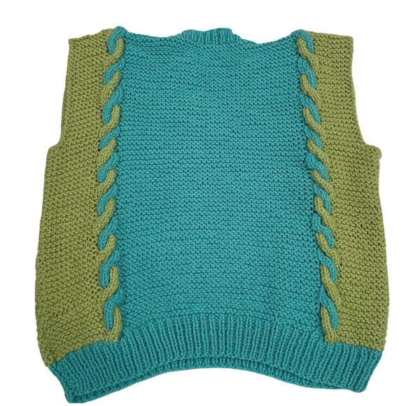 Hand Knit Handmade Pullover Sweater Vest Women's M Colorblock Blue Green NEW - Picture 6 of 11